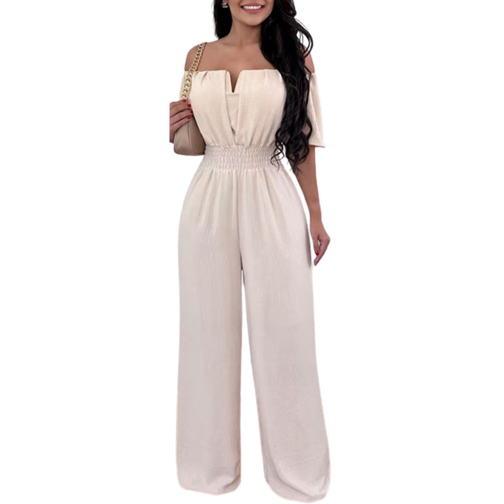 Women's apricot off-neck smocked waist jumpsuit with wide straight-leg pants