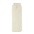 Beige high-waist denim skirt with button front and straight hem