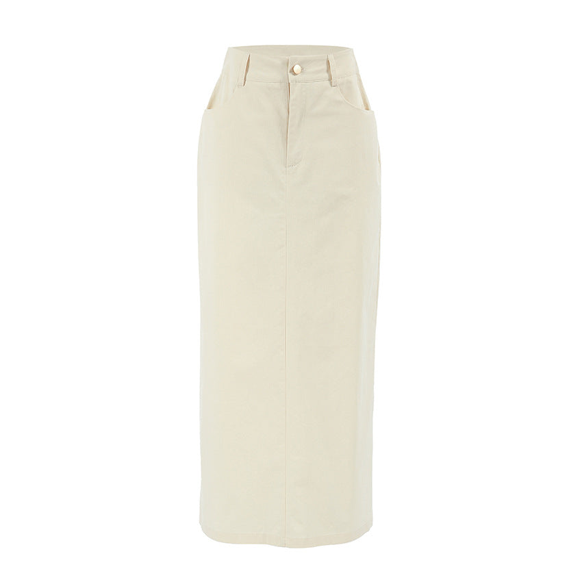 Beige high-waist denim skirt with button front and straight hem