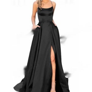 Black satin long formal dress with spaghetti straps and front side slit