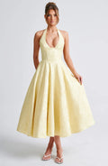 Light yellow V-neck halter sleeveless long dress with textured jacquard bodice