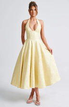 Light yellow V-neck halter sleeveless long dress with textured jacquard bodice