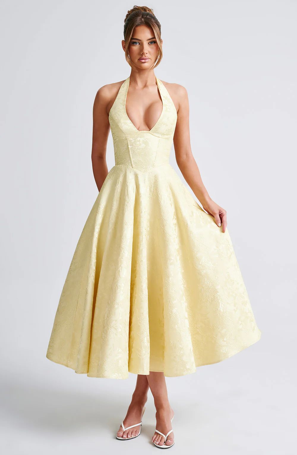 Light yellow V-neck halter sleeveless long dress with textured jacquard bodice