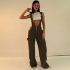 Army green denim zipper overalls with bib, wide legs, adjustable suspender straps, pockets