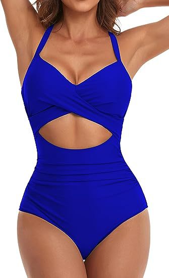 Women's cross one-piece swimsuit in royal blue with waist cutout