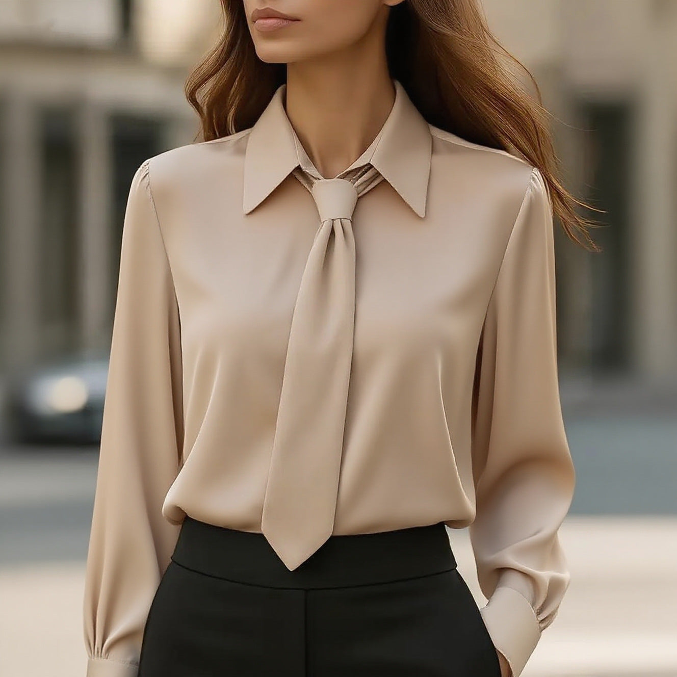 Khaki long-sleeve tie-front shirt with point collar and neck tie detail