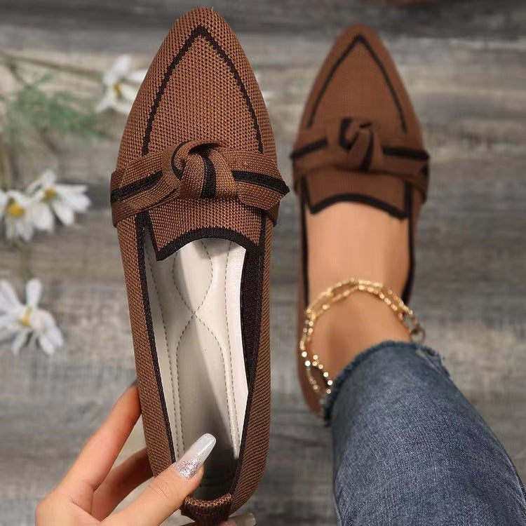 Coffee brown woven bow pointed toe flats with dark trim and sculpted bow strap