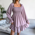Lavender square-neck ruffle swing dress with long puff sleeves and tiered hem.