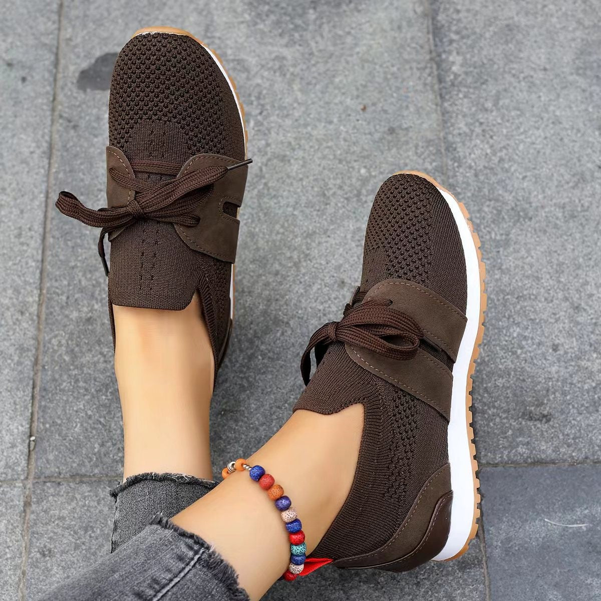 Dark brown breathable mesh wedge walking shoes with lace-up bow and textured upper