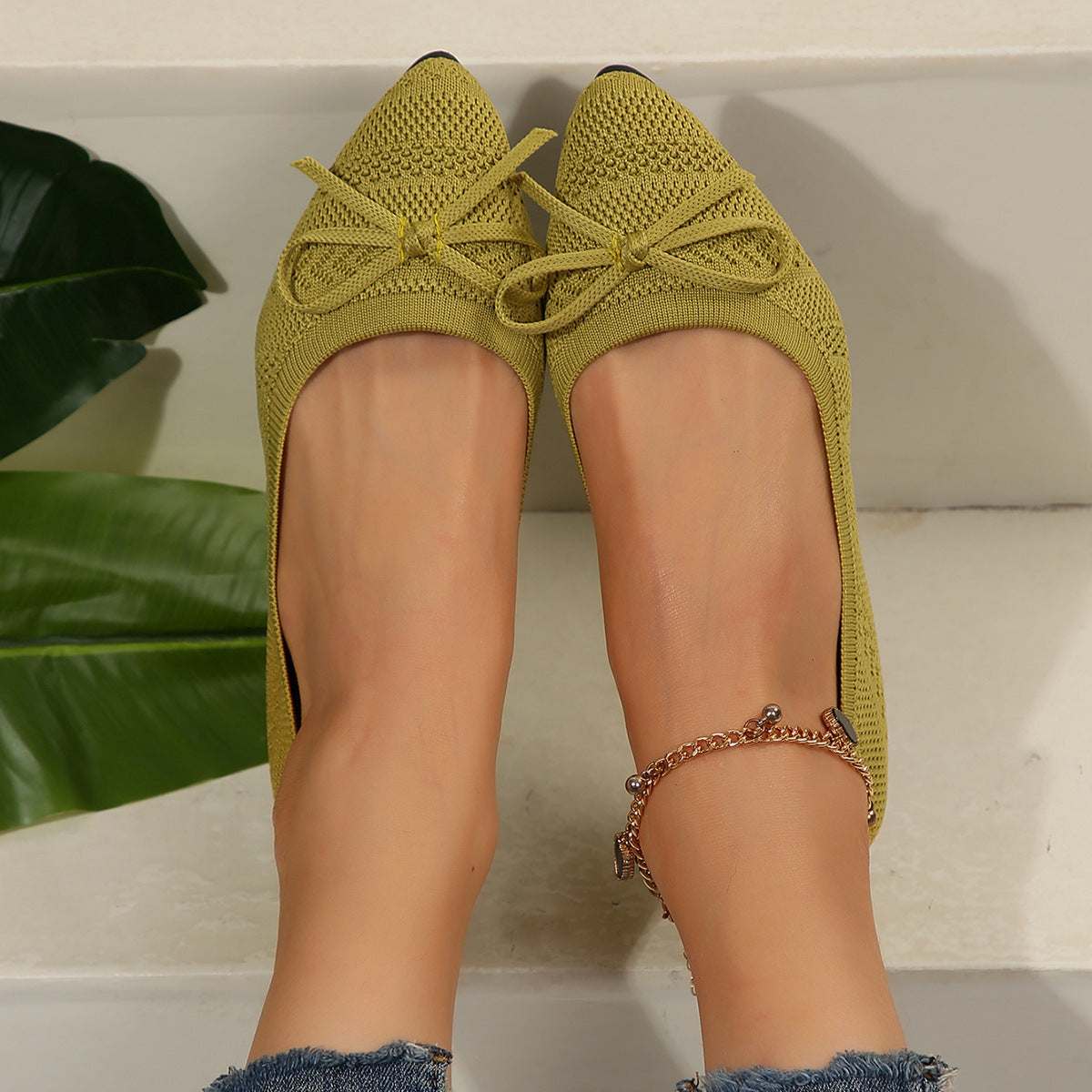 Khaki knit pointed-toe loafers with front bow detail, slip-on style