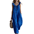 Blue sleeveless button-down jumpsuit with ruffled neckline and front button placket