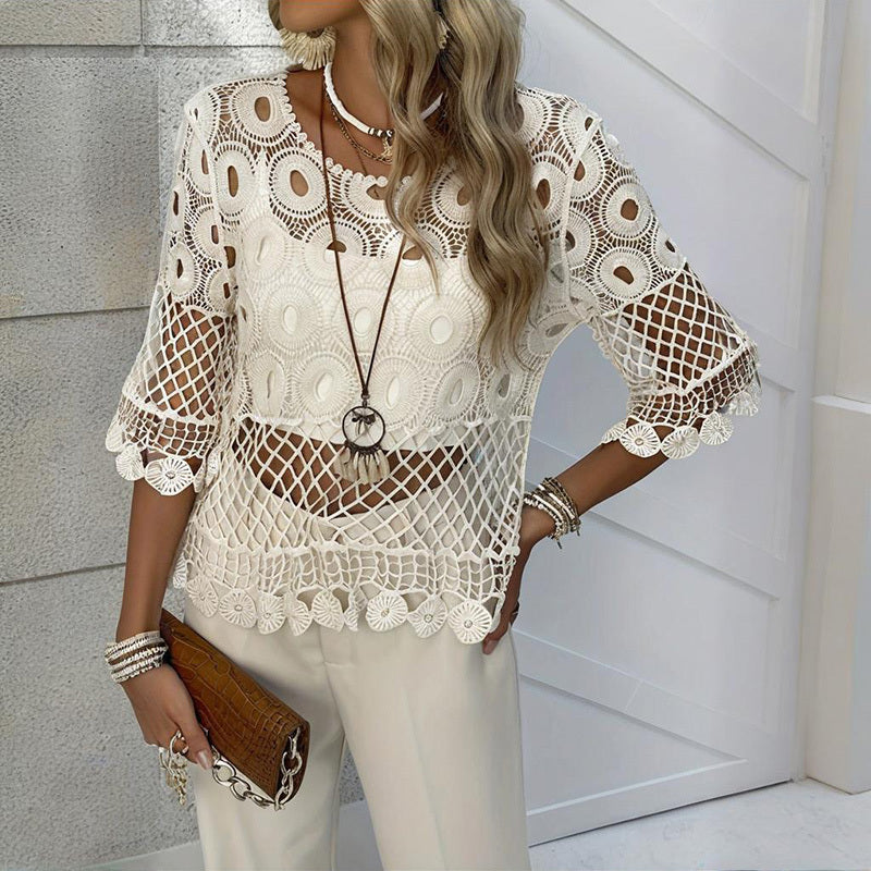 Women's Solid Color Round Neck Crochet Knit Top - Lace Half  Sleeve Summer Cover Up With Sheer Cutout Design