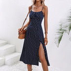 Women's Summer Casual Boho Sundress Polka Dot Sleeveless Spaghetti Strap Backless Side Slit Dresses