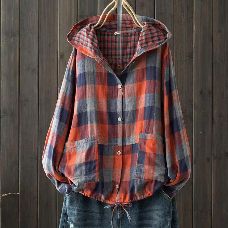 Red and blue plaid hooded overshirt with button front and chest pocket