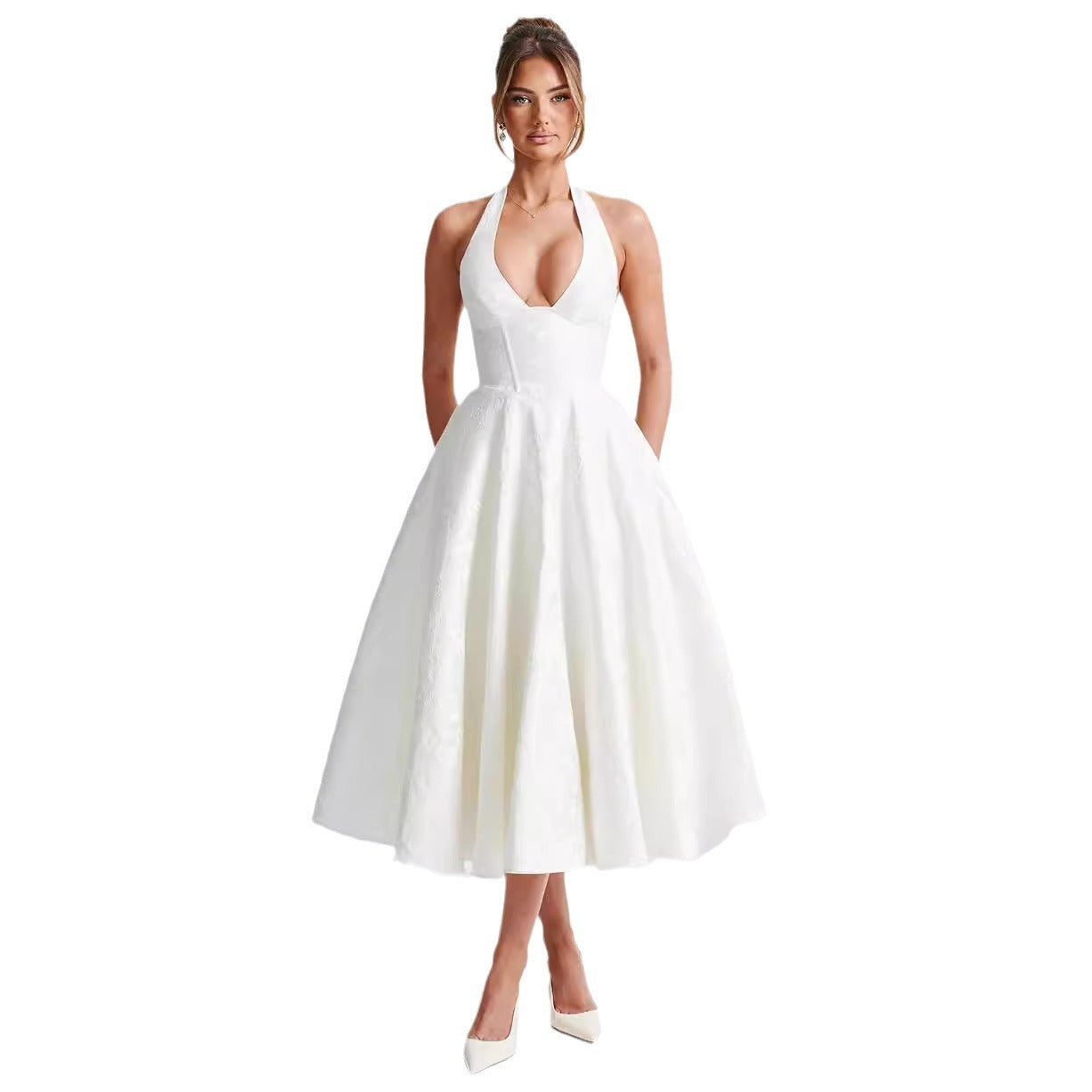White V-neck halter sleeveless long dress with gathered jacquard flare