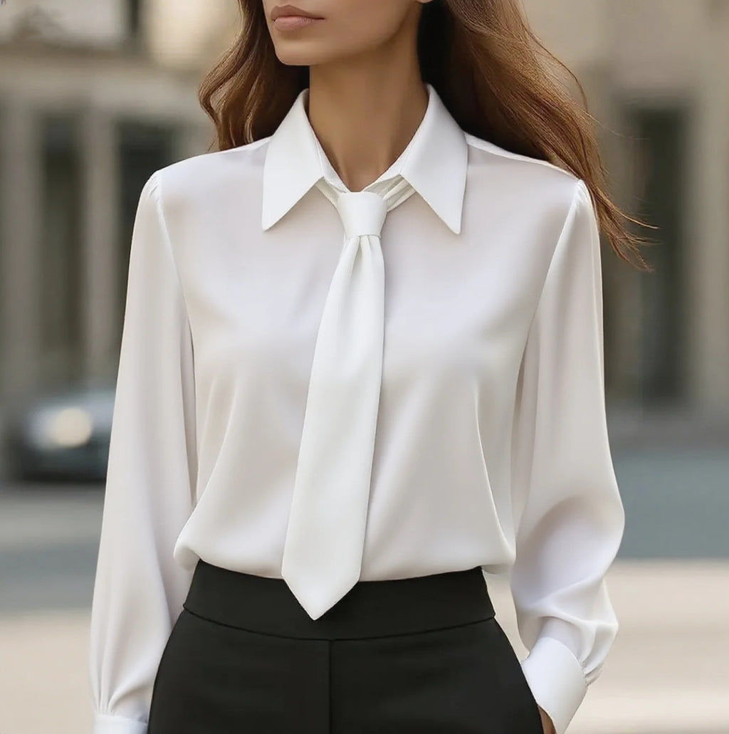 White long-sleeve tie-front shirt with point collar and tied neckline