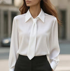 White long-sleeve tie-front shirt with point collar and tied neckline