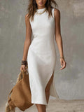 Sleeveless knit midi dress, high neck, white, side slit