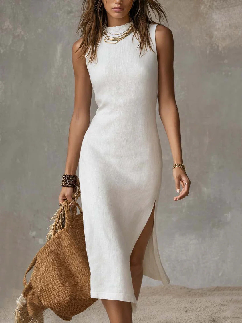 Sleeveless knit midi dress, high neck, white, side slit
