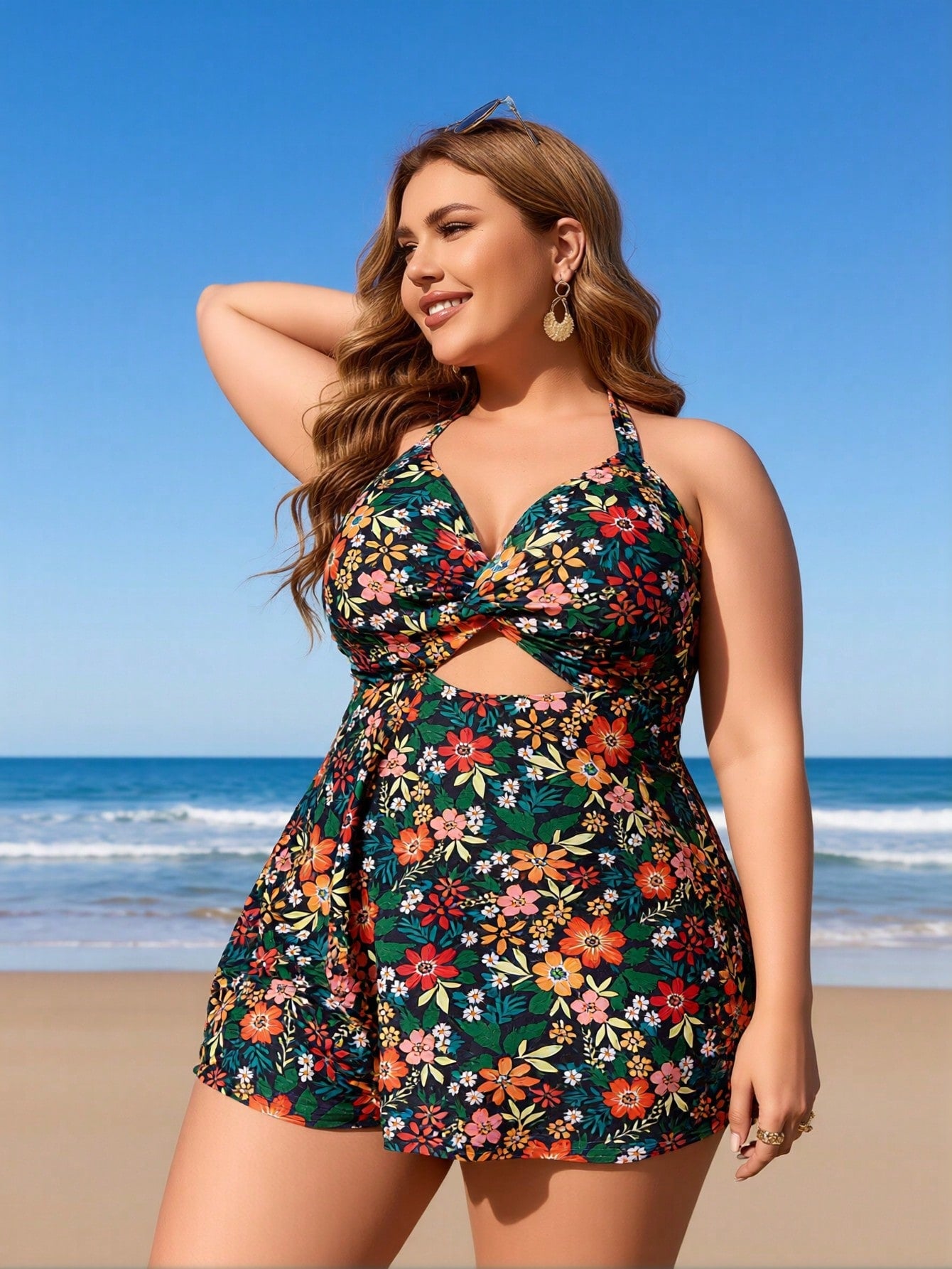 Floral halter swimdress with cutout waist detail, multicolor flowers on dark green