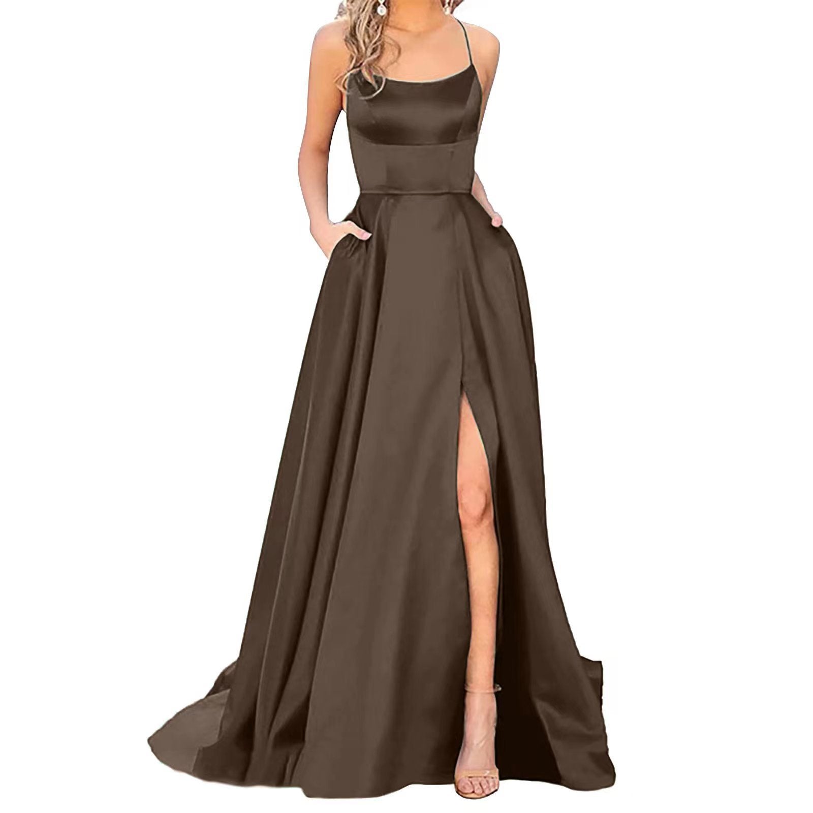 Dark brown satin long formal dress with spaghetti straps and front side slit