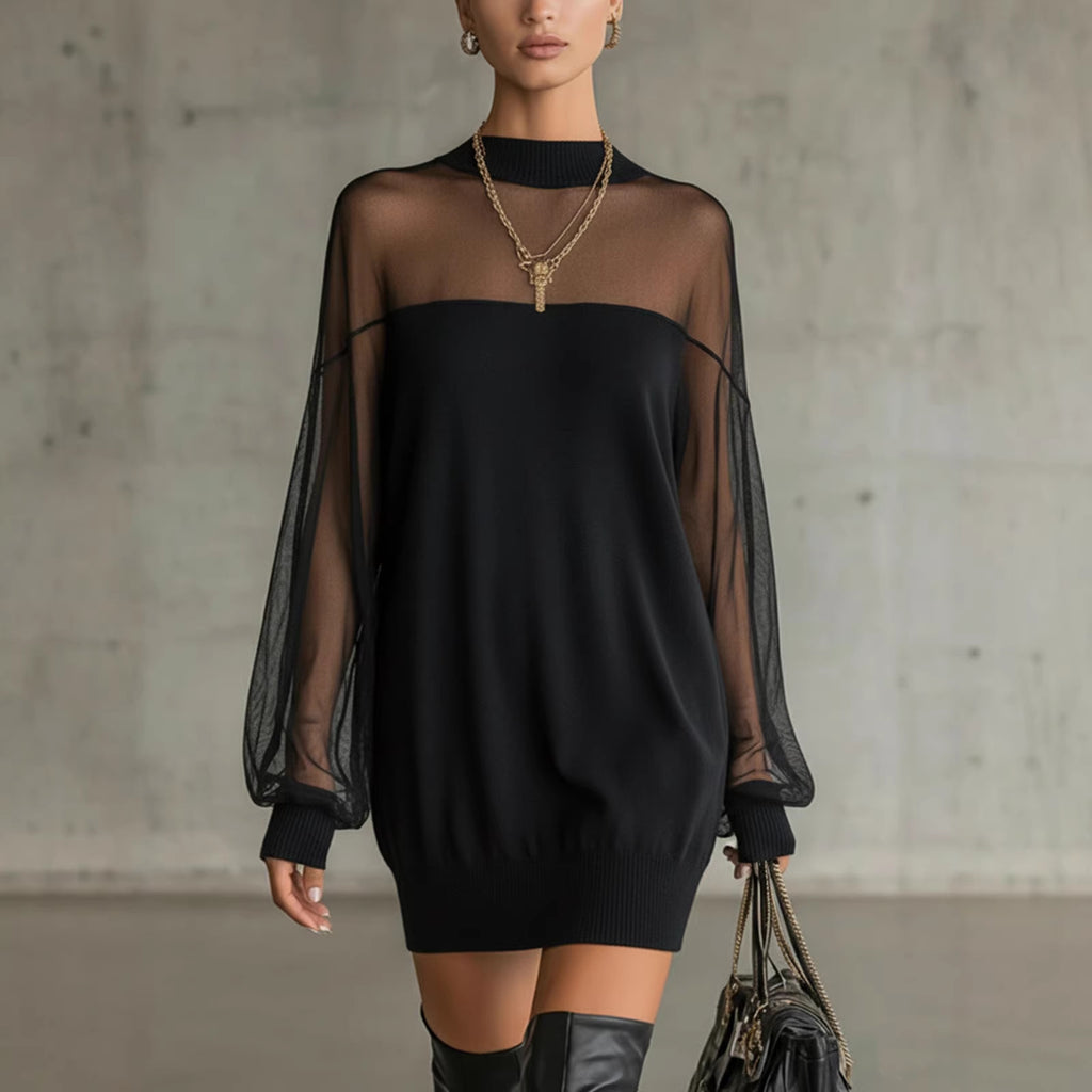 Black sheer mesh long-sleeve mini dress with ribbed hem and cuffs