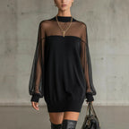 Black sheer mesh long-sleeve mini dress with ribbed hem and cuffs