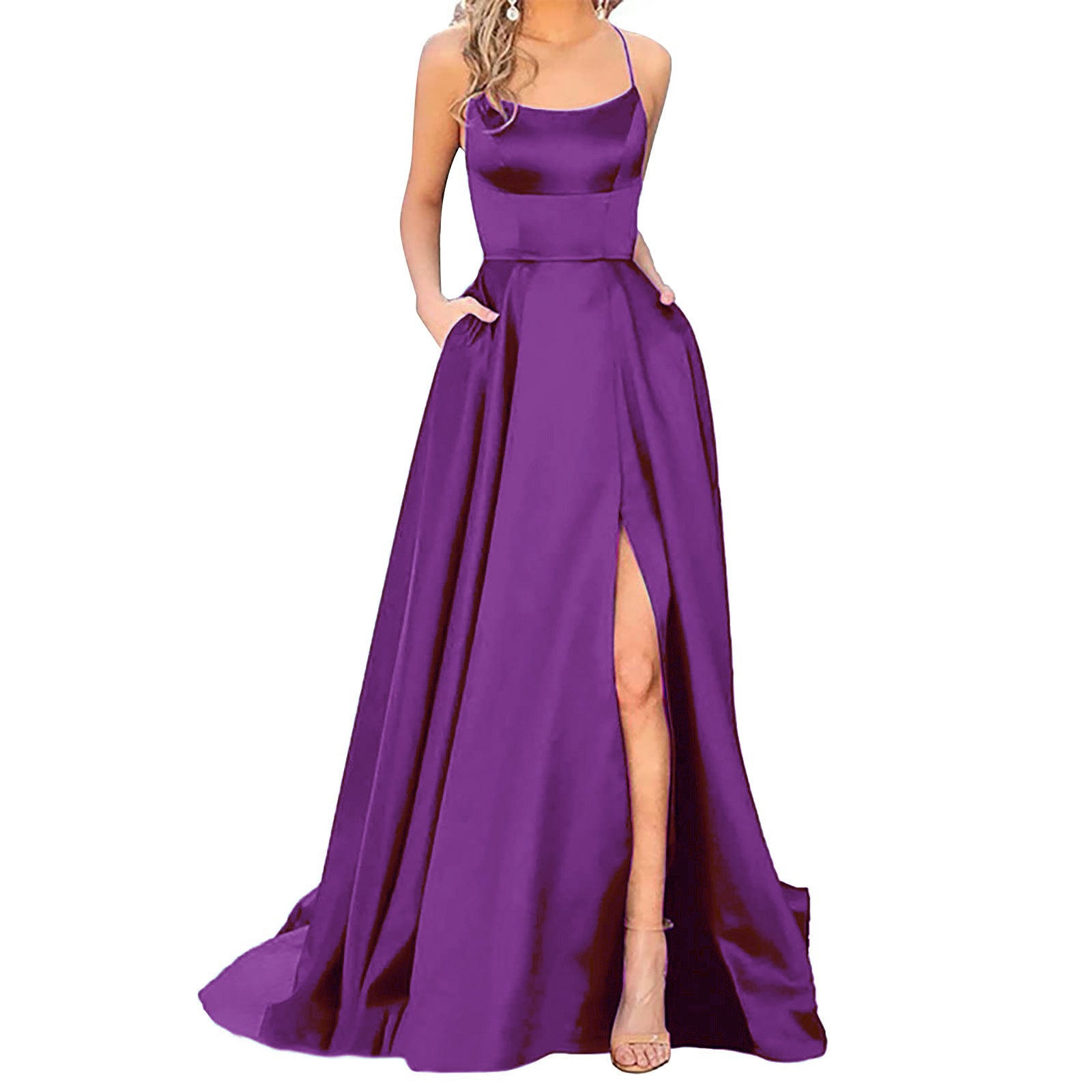 Purple sleeveless maxi dress with square neckline, fitted bodice, and front slit