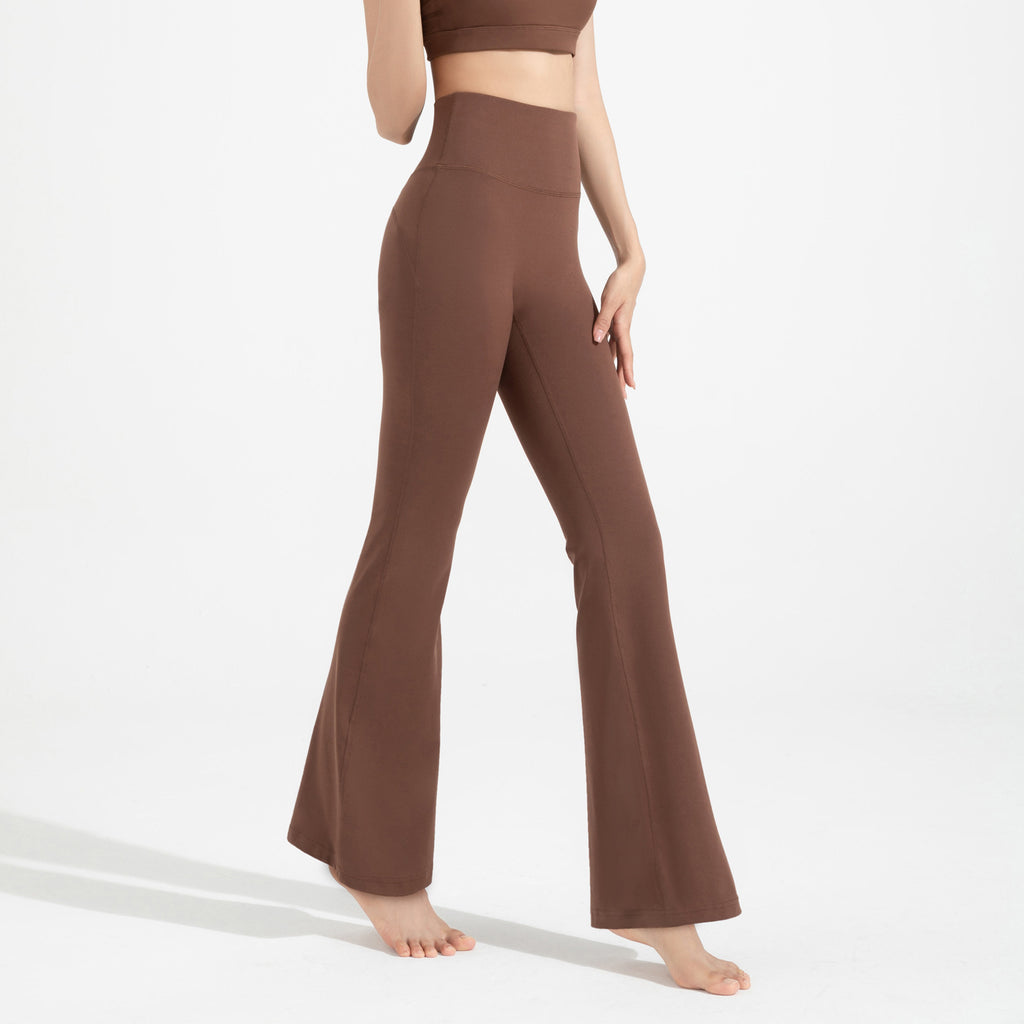 Brown flared yoga pants with high waist, smooth fitted legs