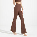 Brown flared yoga pants with high waist, smooth fitted legs