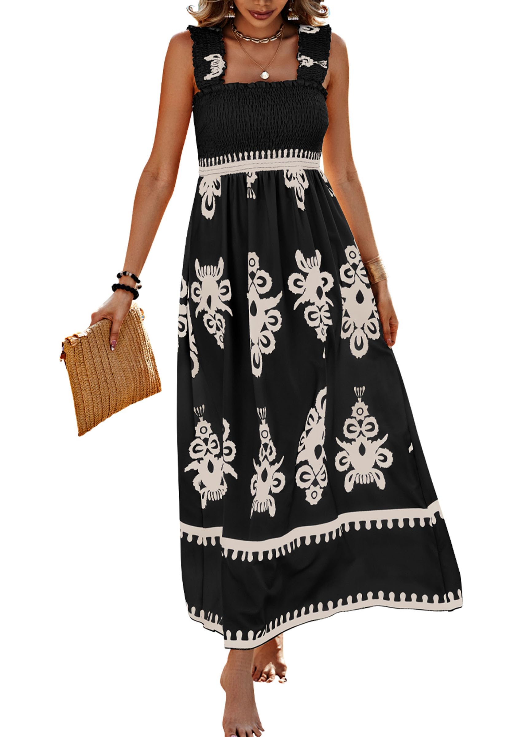 Sleeveless square-neck printed slip dress in black with white border and lace-like hem