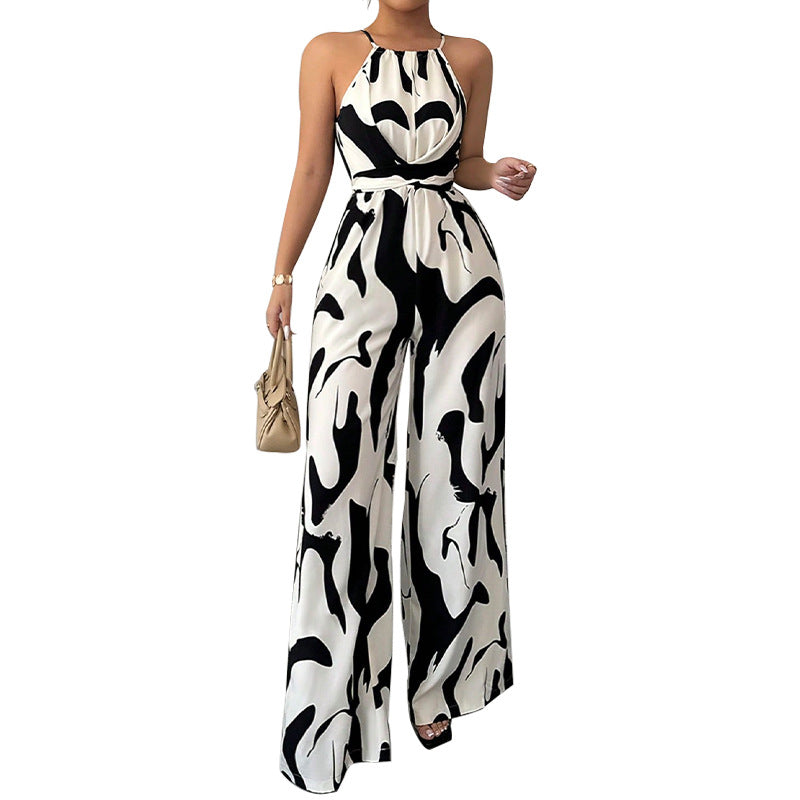 Zebra-print suspender jumpsuit, sleeveless halter with tie waist, wide-leg pants