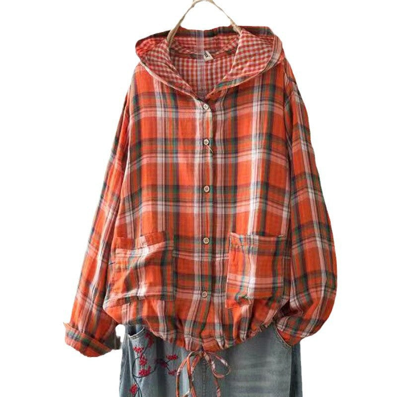 Orange and red plaid hooded cotton-linen overshirt with snap buttons and patch pocket
