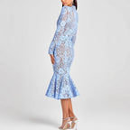 Slim Fit Slimming See-through Lace Hollow Belt Long Sleeve Fishtail Dress