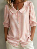 Light pink-and-white striped V-neck button shirt with pointed collar and 3/4 sleeves