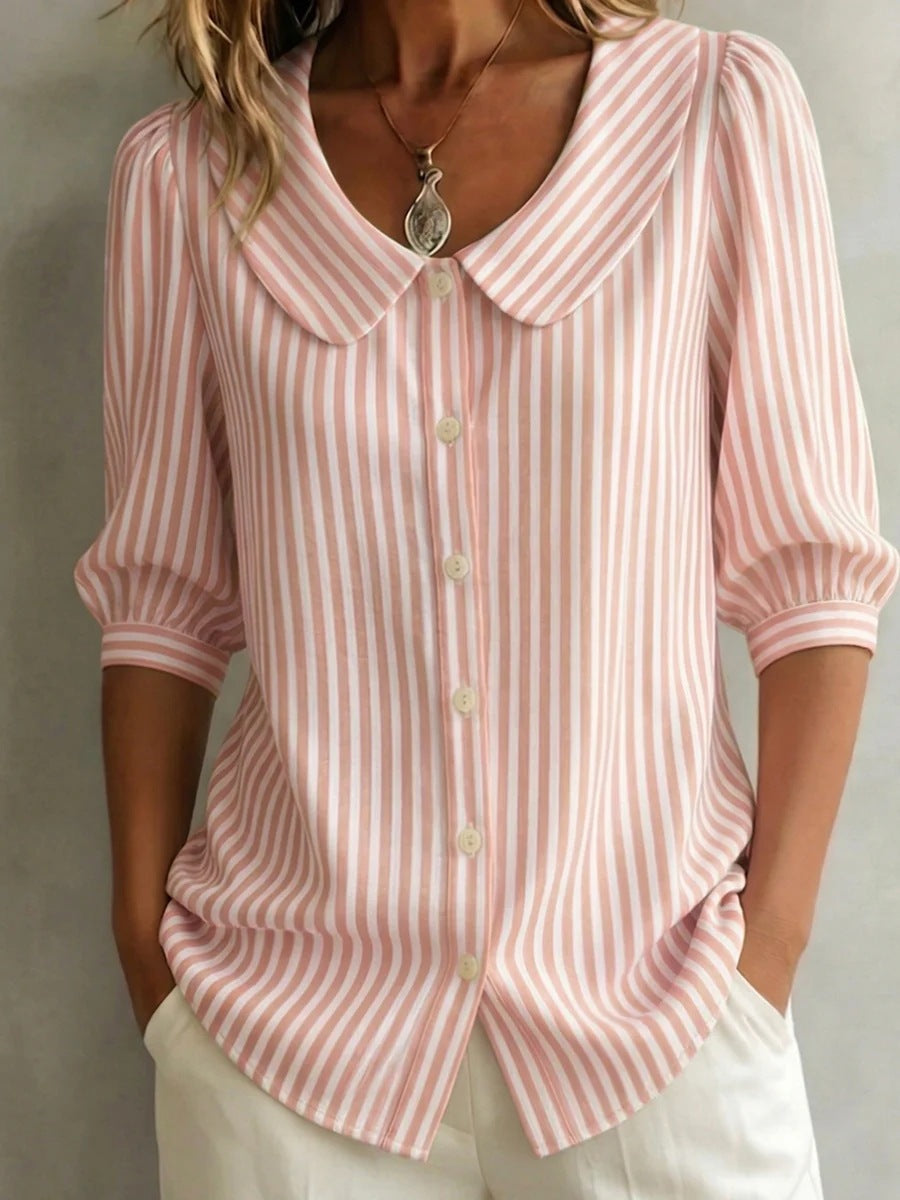 Light pink-and-white striped V-neck button shirt with pointed collar and 3/4 sleeves