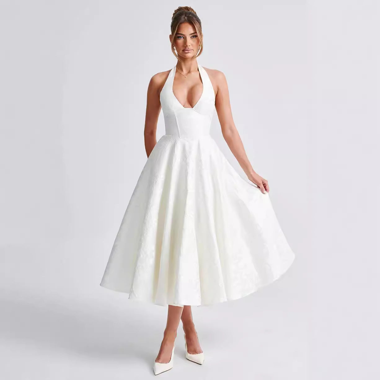 White V-neck halter sleeveless long dress with full jacquard skirt