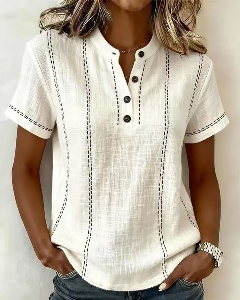 Summer Striped Short-Sleeve Shirts Casual Stand-Collar V-neck Button Blouse Womens Clothing(New)