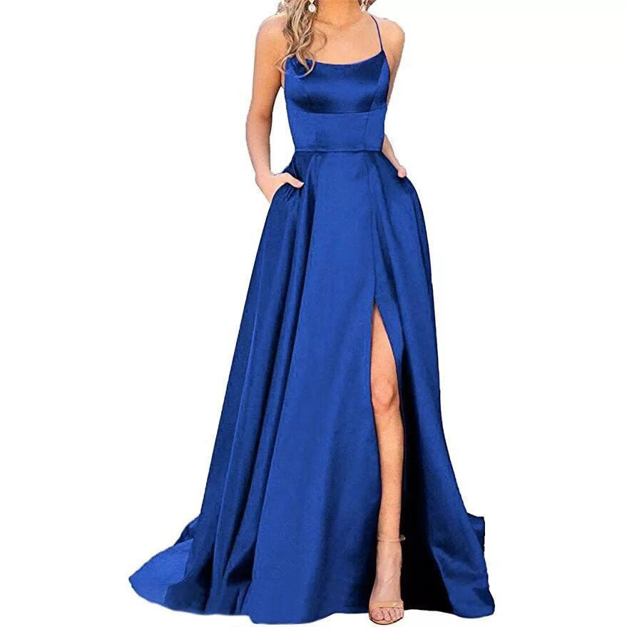 Blue sleeveless maxi dress with square neckline, fitted waist, and front slit