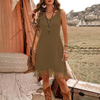 Women's Elegant Solid Color Boho Dress - V-Neck Fringe Detail Sleeveless Summer Dress