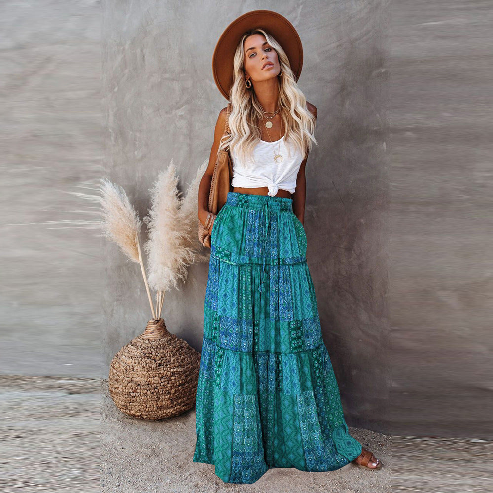 Women’s high-waist tiered maxi skirt, teal-green patchwork pattern