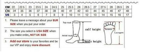 Size chart diagram for ankle boots: calf height, heel height, and leg measurements