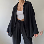 Women's Solid Color Lapel Collar Long Sleeve Shirt & High-Waist Pants Set - Casual Loose Fit Spring&Summer Outfit