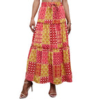 Women’s high-waist tiered maxi skirt, red and yellow patchwork pattern