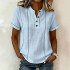 Summer Striped Short-Sleeve Shirts Casual Stand-Collar V-neck Button Blouse Womens Clothing(New)