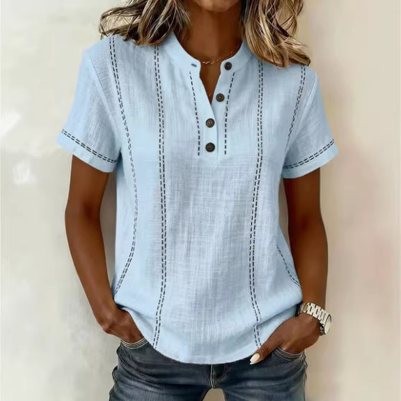Summer Striped Short-Sleeve Shirts Casual Stand-Collar V-neck Button Blouse Womens Clothing(New)