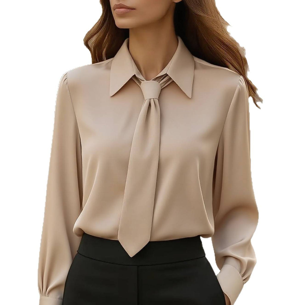 Khaki long-sleeve tie-front shirt with point collar and neck tie detail