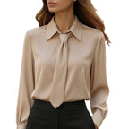 Khaki long-sleeve tie-front shirt with point collar and neck tie detail