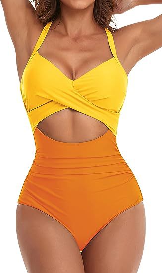 Women's cross one-piece swimsuit in yellow top and orange bottom with waist cutout