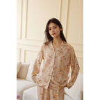Cotton Satin Romantic Adenium Obesum Printing Lapel Pajamas Suit